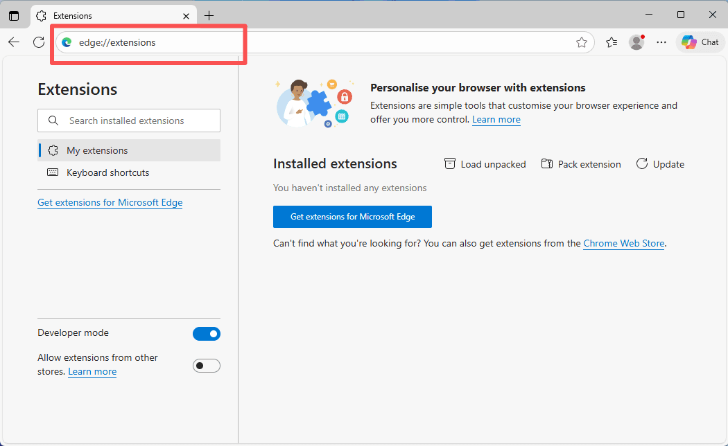 Open Extensions Page